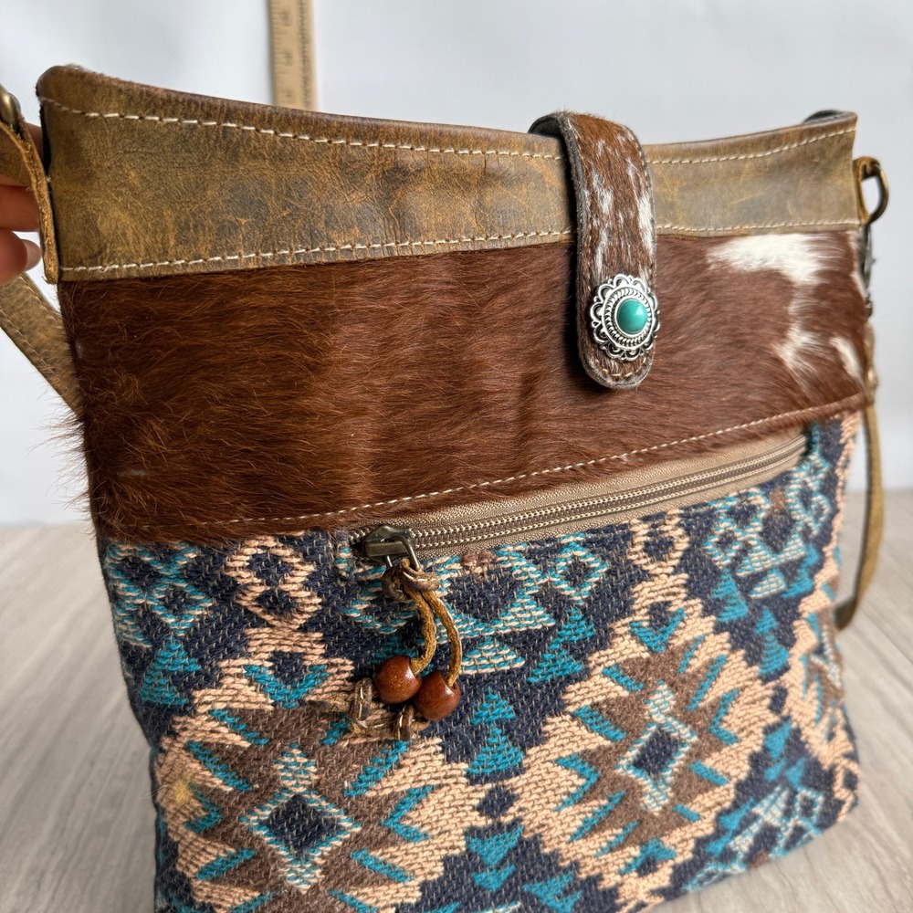 Myra Bag Crossbody Bag  Small Turquoise Aztec Boho Hair On Hide Leather Purse
